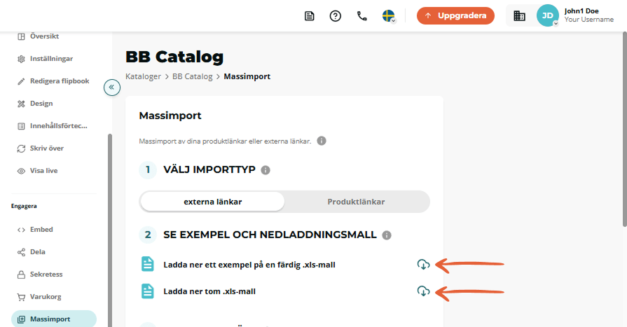 Massimport steg 2 markerar ikoner för nedladdning av exempel- och tomma .xls-mallar.