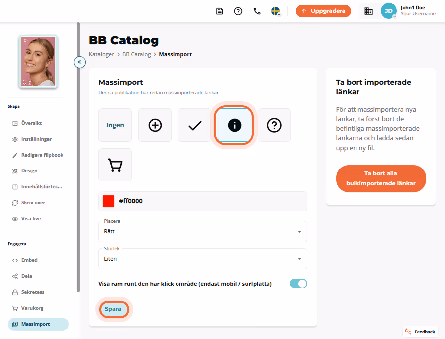 Massimport-panelen indikerar att länkar redan importerats; infoikon och nedersta ”Save”-knappen mark