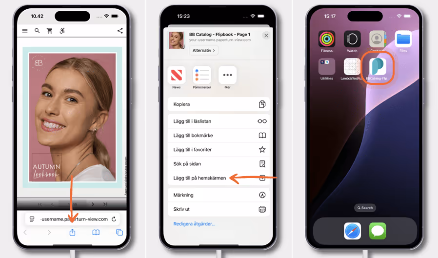 Tre iPhone-skärmar visar hur man lägger till en flipbook på hemskärmen: öppna flipbook i Safari, try Tre iPhone-skärmar visar hur man lägger till en flipbook på hemskärmen: öppna flipbook i Safari, try