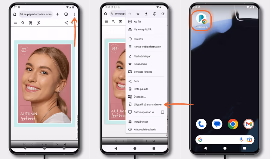 Tre Android-skärmar visar hur man lägger till en flipbook på hemskärmen via Chrome: öppna flipbook, Tre Android-skärmar visar hur man lägger till en flipbook på hemskärmen via Chrome: öppna flipbook,