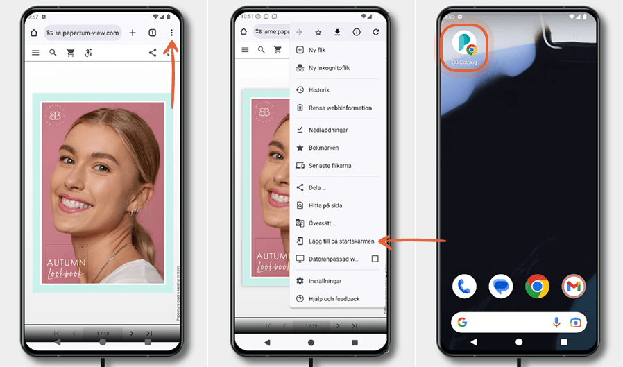 Tre Android-skärmar visar hur man lägger till en flipbook på hemskärmen via Chrome: öppna flipbook, 