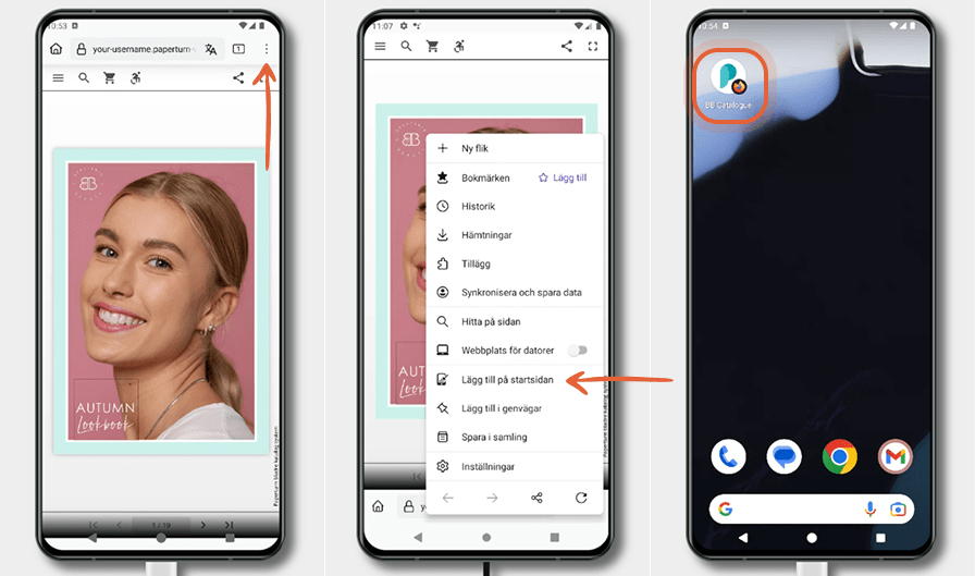 Tre Android-skärmar visar ett alternativt layout i Chrome för att lägga till en flipbook på hemskärm