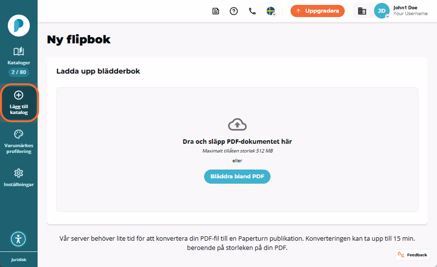 Papeturn instrumentpanel öppnas på sidan Nytt flipbook. Det vänstra sidofältet visar Flipbooks Ny Br