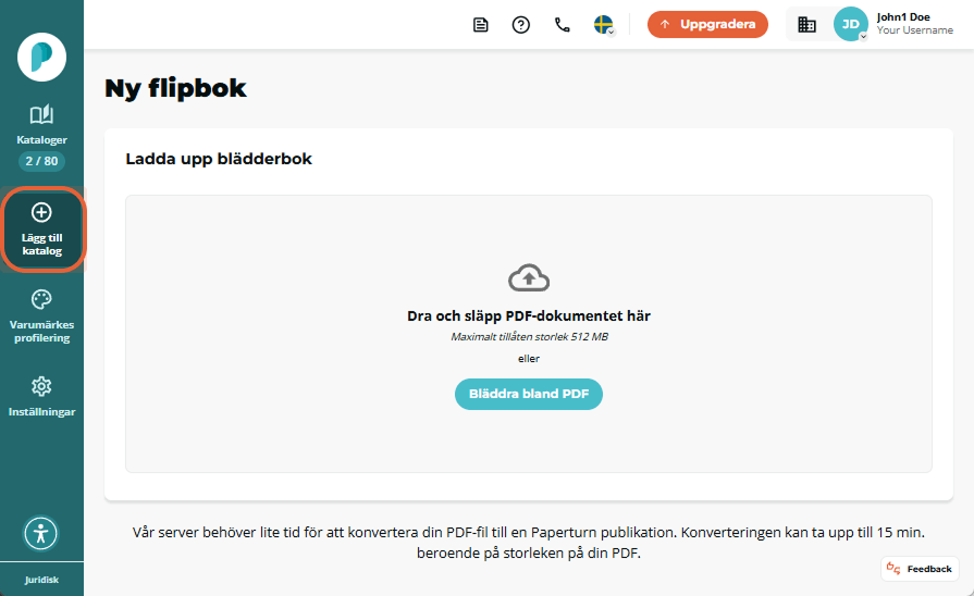 Papeturn instrumentpanel öppnas på sidan Nytt flipbook. Det vänstra sidofältet visar Flipbooks Ny Br
