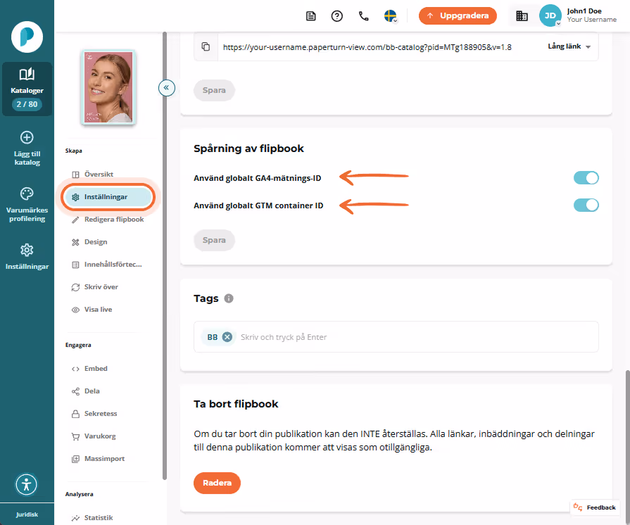 Avsnittet Spårning för flipbook med växlingsknapparna Använd globalt GA4 mät ID och Använd globalt G