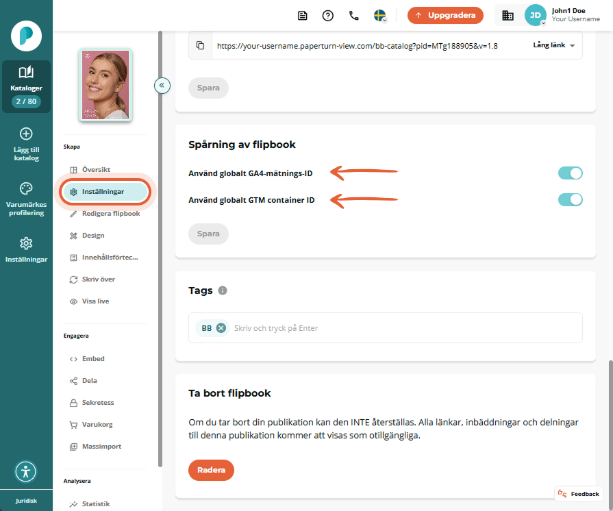 Avsnittet Spårning för flipbook med växlingsknapparna Använd globalt GA4 mät ID och Använd globalt G