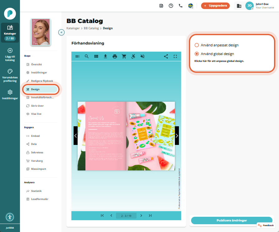 Designsidan för flipbook. En förhandsvisning av flipbooket upptar mitten medan högersidan erbjuder r