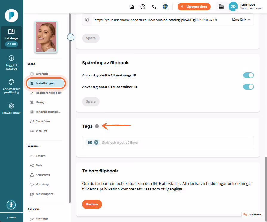 Avsnittet Taggar i Inställningar innehåller ett tomt inmatningsfält och en enda befintlig tagg BB. N