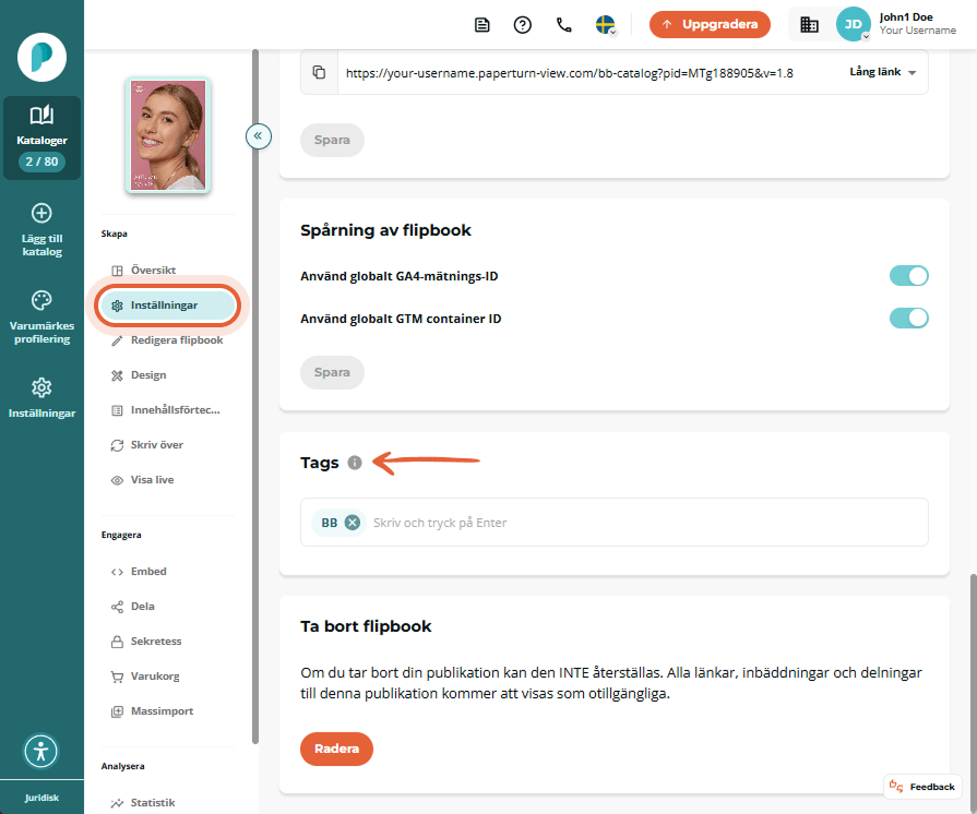 Avsnittet Taggar i Inställningar innehåller ett tomt inmatningsfält och en enda befintlig tagg BB. N