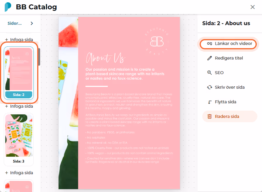 BB Catalog-sidredigerare visar sida 2 vald och sidmenyvalet ”Links and videos” markerat.