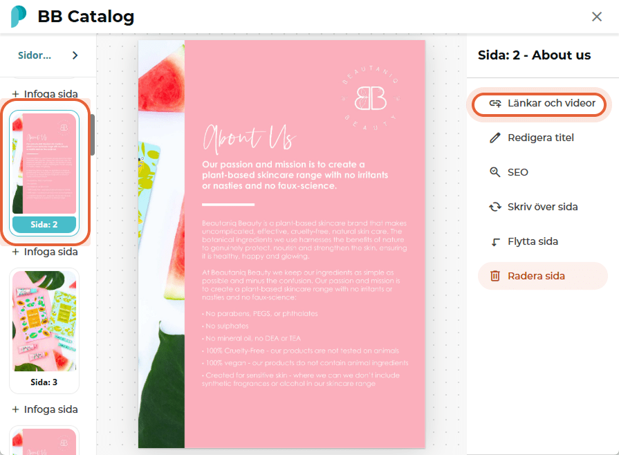 BB Catalog-sidredigerare visar sida 2 vald och sidmenyvalet ”Links and videos” markerat.