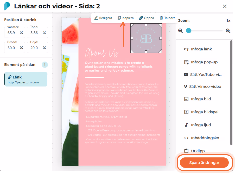 Modalfönstret ”Links and videos” med en logolänk vald under en kopieringsverktygsrad; knappen ”Save 