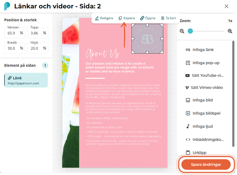 Modalfönstret ”Links and videos” med en logolänk vald under en kopieringsverktygsrad; knappen ”Save 