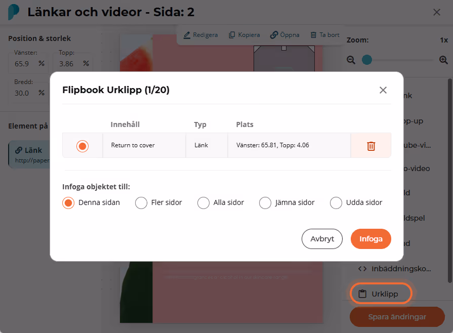 Dialogrutan för flipbook-urklipp visar ett kopierat länkobjekt och radioknappar för var det ska klis