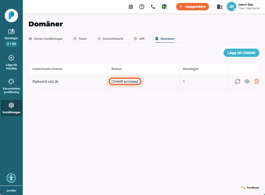 Domänlistan visar en CNAME-post med statusmärket ”CNAME activated” markerat.