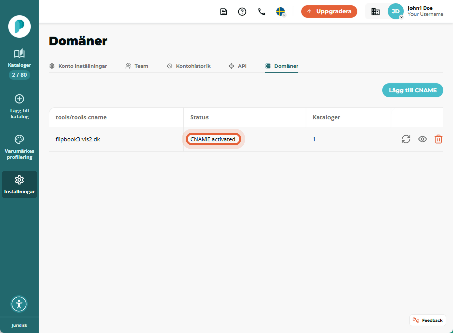 Domänlistan visar en CNAME-post med statusmärket ”CNAME activated” markerat.