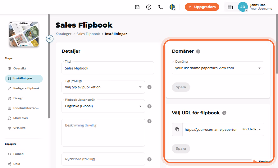 Sales Flipbook-inställningssida med tom rullgardinsmeny för Domains och markerat URL-alternativpanel