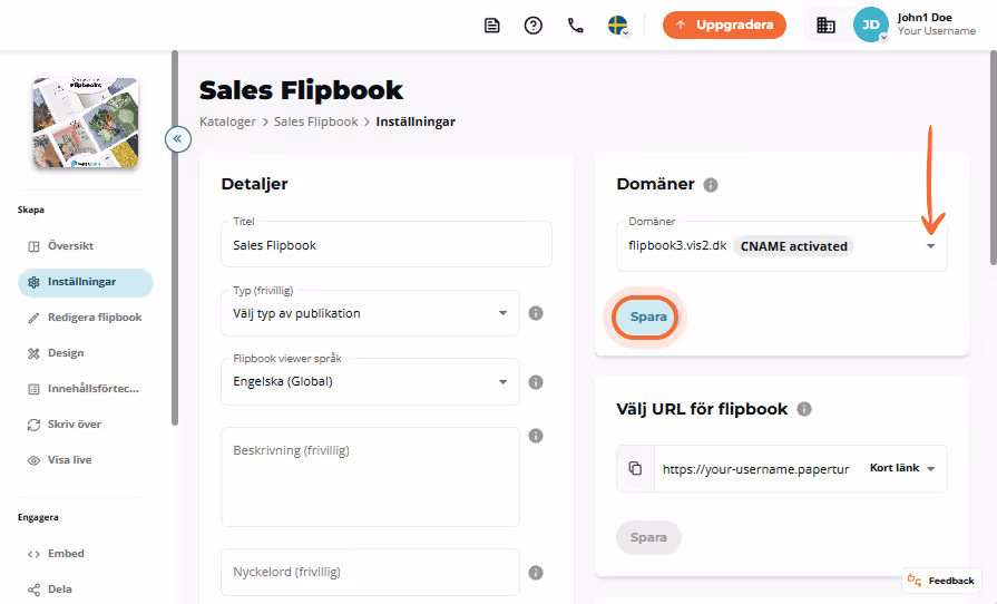 Sales Flipbook-inställningssida med aktiverad CNAME vald i Domains-rullgardinsmenyn och knappen ”Sav