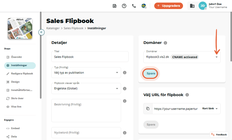 Sales Flipbook-inställningssida med aktiverad CNAME vald i Domains-rullgardinsmenyn och knappen ”Sav