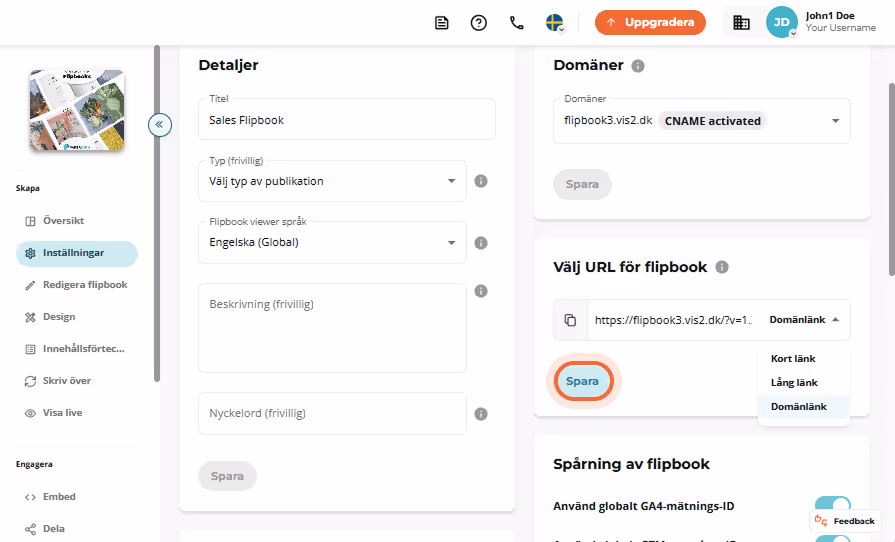 Sales Flipbook-inställningssida som visar genererad domänlänktyp vald och knappen ”Save” markerad.