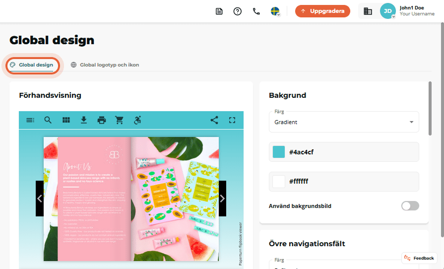 Global design-sida öppen med fliken “Global design” aktiv och en förhandsvisning av flipbook samt ba