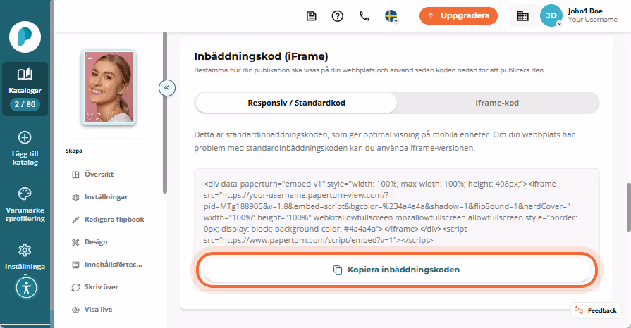 Kopiera inbäddningskoden för flipbooken genom att klicka på knappen 