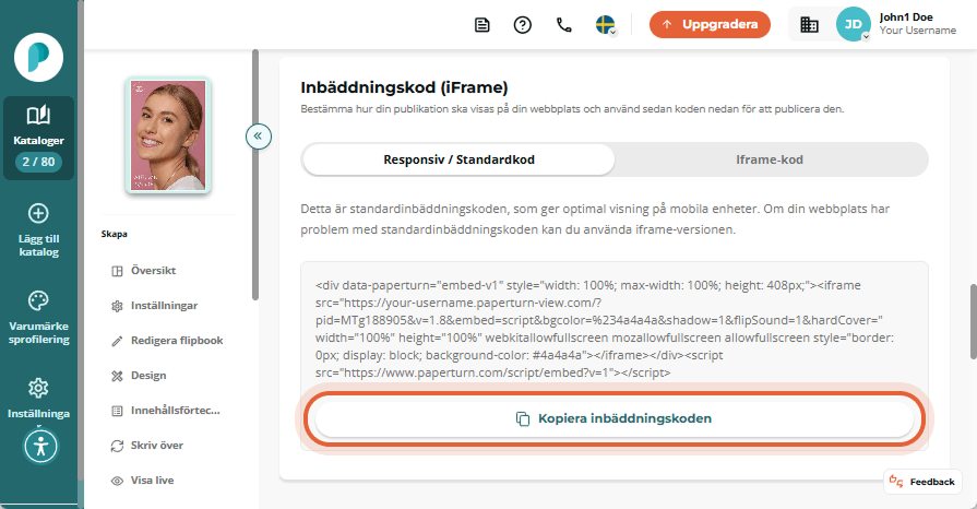 Kopiera inbäddningskoden för flipbooken genom att klicka på knappen 