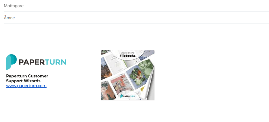 Gmail-skrivfönster som visar en Paperturn-e-postsignatur med logotyp, tagline och en förhandsbild av