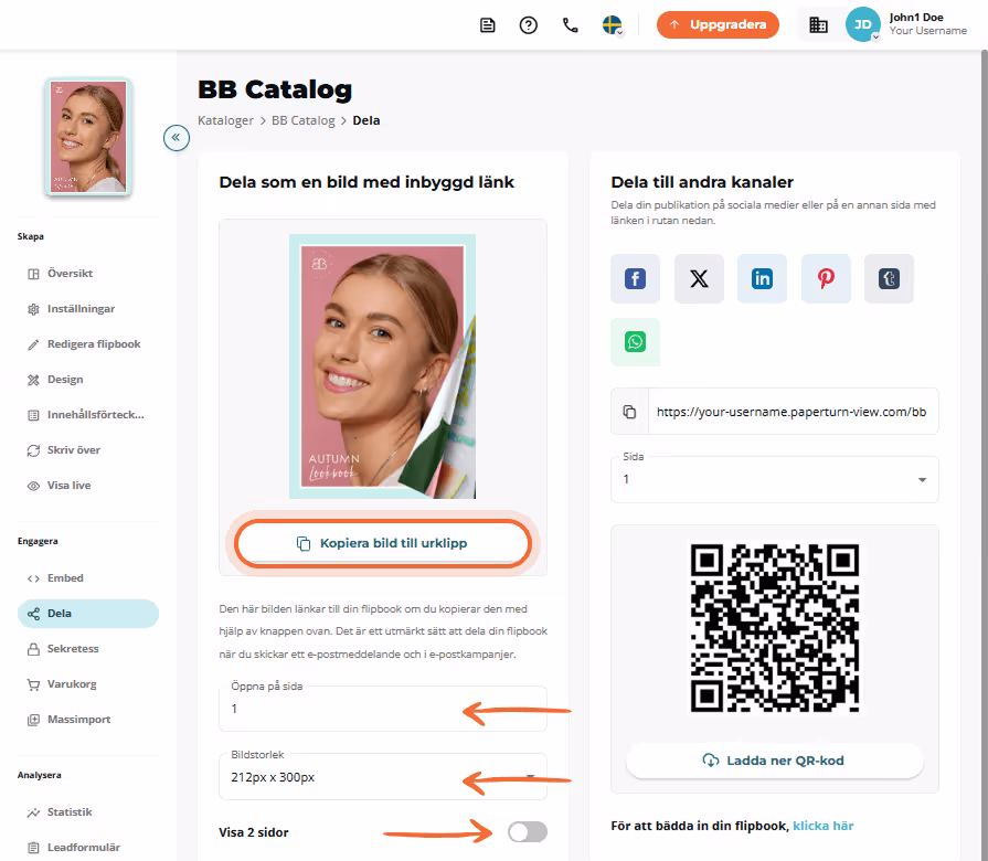 Share-flik som lyfter fram knappen ”Kopiera bild till urklipp” med sid- och storleksalternativ nedan