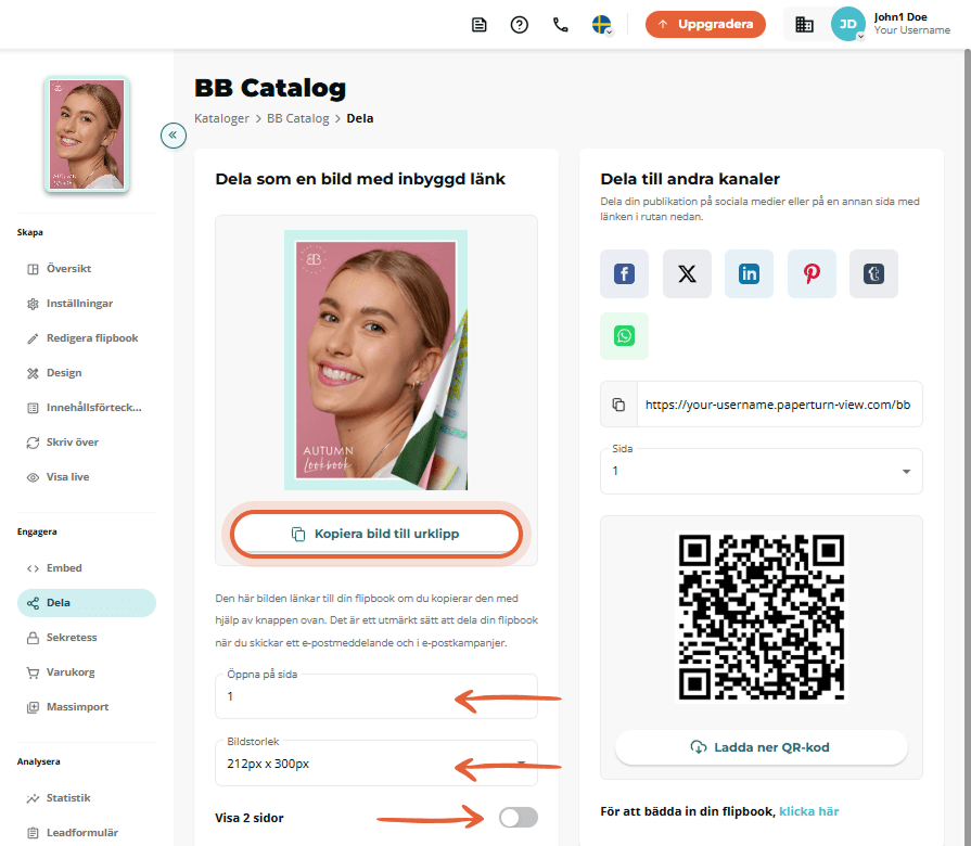 Share-flik som lyfter fram knappen ”Kopiera bild till urklipp” med sid- och storleksalternativ nedan