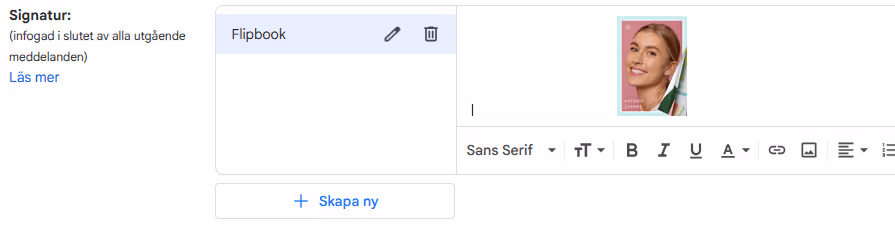 Gmail-signaturredigerare som visar flipbook-omslagsbilden infogad i signaturen.