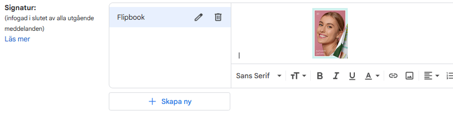 Gmail-signaturredigerare som visar flipbook-omslagsbilden infogad i signaturen.