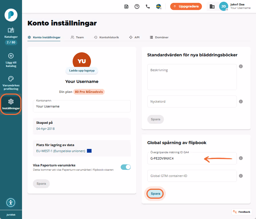 Kontoinställningssida i Paperturn som visar var GA4-mätnings-ID:t ska anges. Kontoinställningssida i Paperturn som visar var GA4-mätnings-ID:t ska anges.