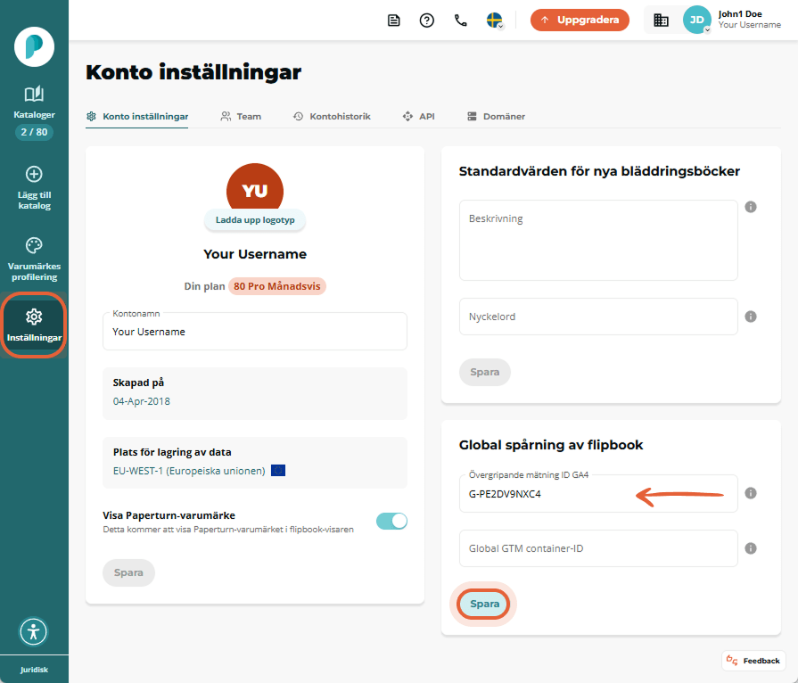 Kontoinställningssida i Paperturn som visar var GA4-mätnings-ID:t ska anges.