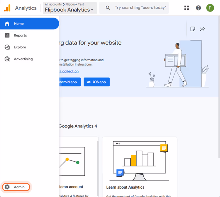 Google Analytics adminområde med skapande och inställningar av egendomar synliga. Google Analytics adminområde med skapande och inställningar av egendomar synliga.