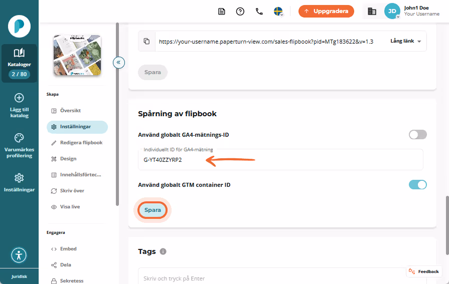 Inställningar för flipbook-spårning där GA4 mät-ID är ifyllt och knappen Inställningar för flipbook-spårning där GA4 mät-ID är ifyllt och knappen