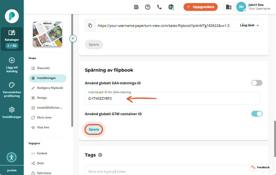 Inställningar för flipbook-spårning där GA4 mät-ID är ifyllt och knappen 