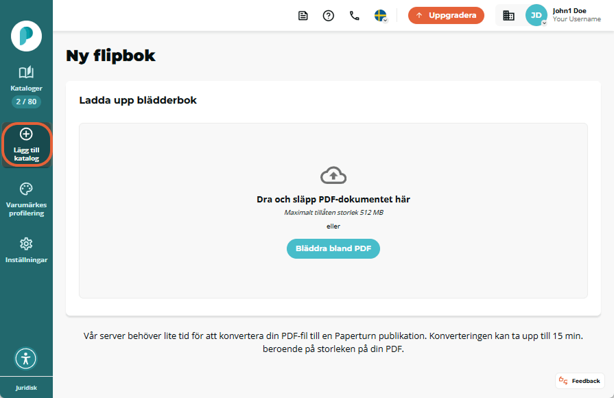 Paperturn instrumentpanel som visar vyn Nytt flipbook med sidfältets knapp ＋ Ny inringad och en cent