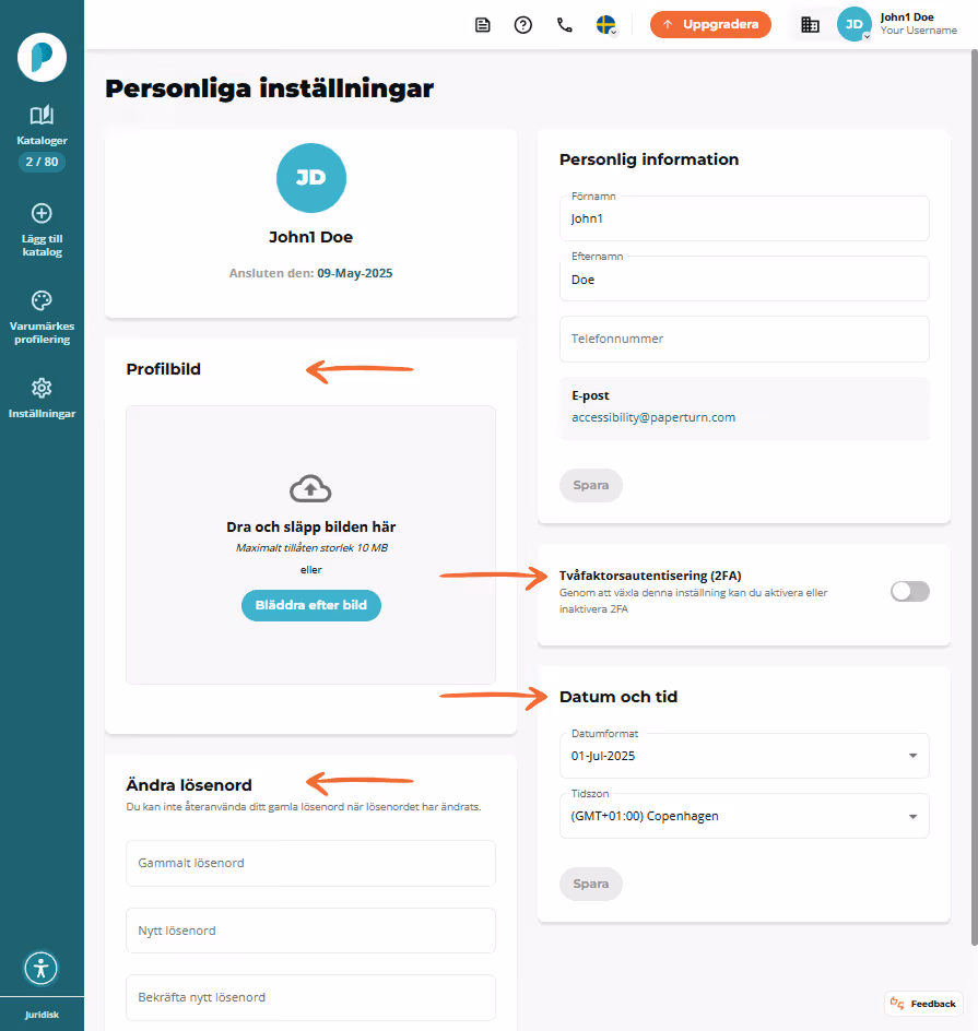 Personlig inställningssida med avatar ruta för bilduppladdning kontaktfält 2FA växlare samt avsnitte Personlig inställningssida med avatar ruta för bilduppladdning kontaktfält 2FA växlare samt avsnitte