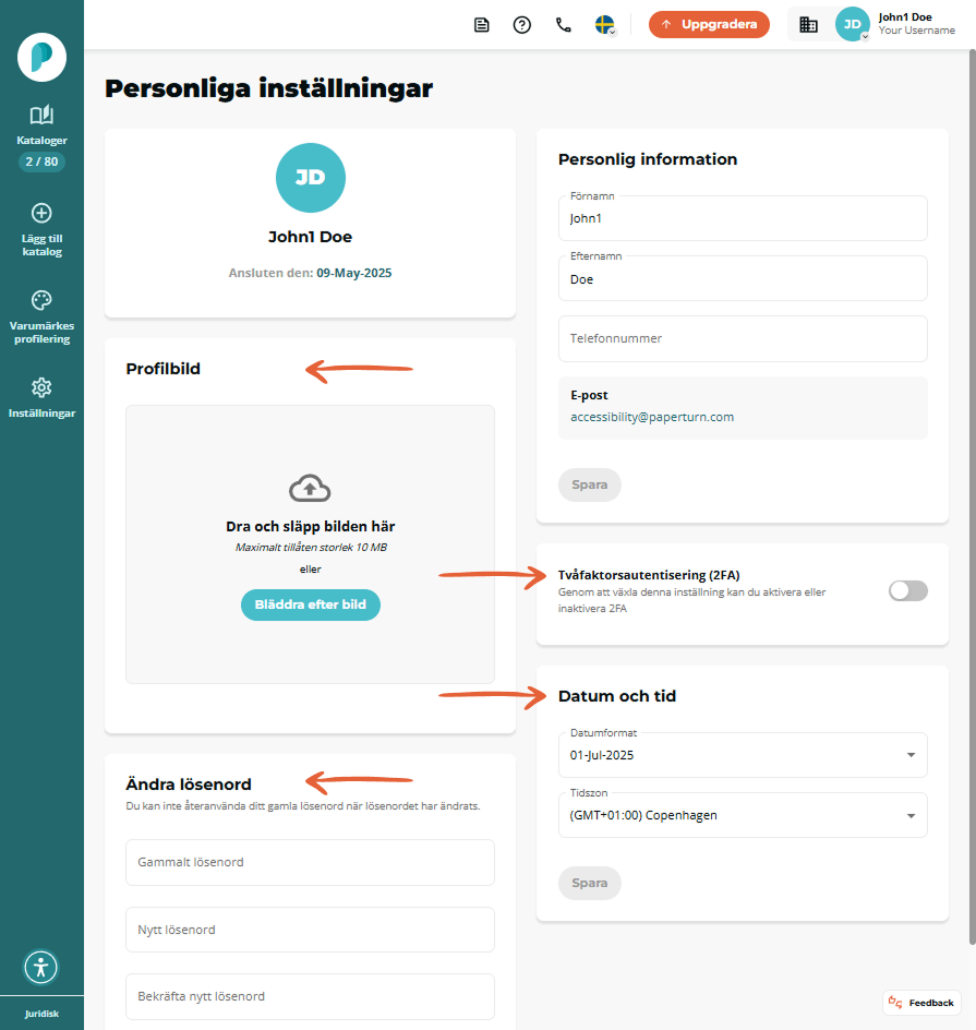 Personlig inställningssida med avatar ruta för bilduppladdning kontaktfält 2FA växlare samt avsnitte