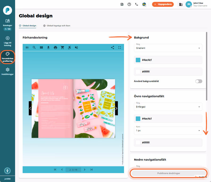 Globala designvyn för branding med förhandsvisning till vänster kontroller för bakgrundsfärg till hö Globala designvyn för branding med förhandsvisning till vänster kontroller för bakgrundsfärg till hö