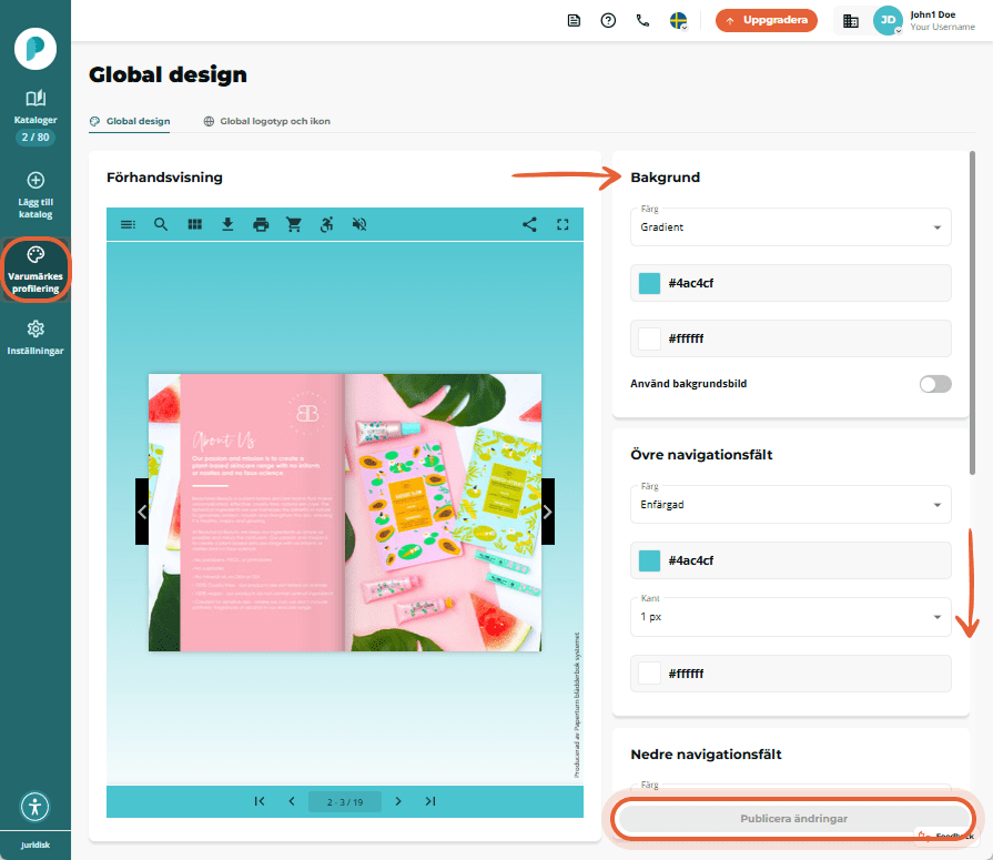 Globala designvyn för branding med förhandsvisning till vänster kontroller för bakgrundsfärg till hö Globala designvyn för branding med förhandsvisning till vänster kontroller för bakgrundsfärg till hö