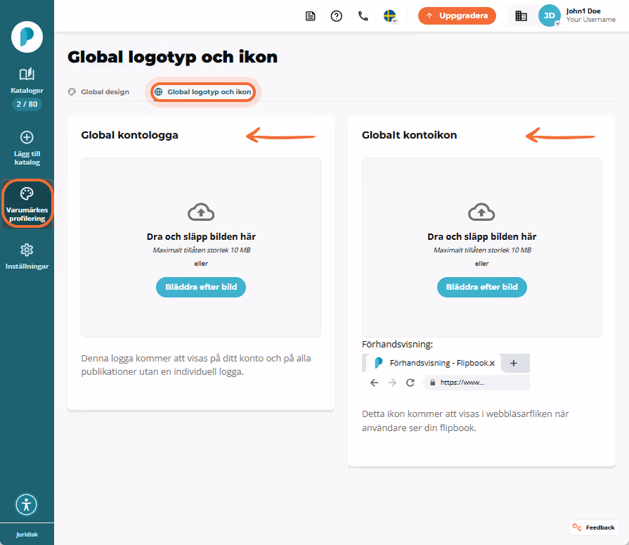 Sidan Global logotyp och ikon under branding med två uppladdningsrutor för kontologotyp och favicon Sidan Global logotyp och ikon under branding med två uppladdningsrutor för kontologotyp och favicon
