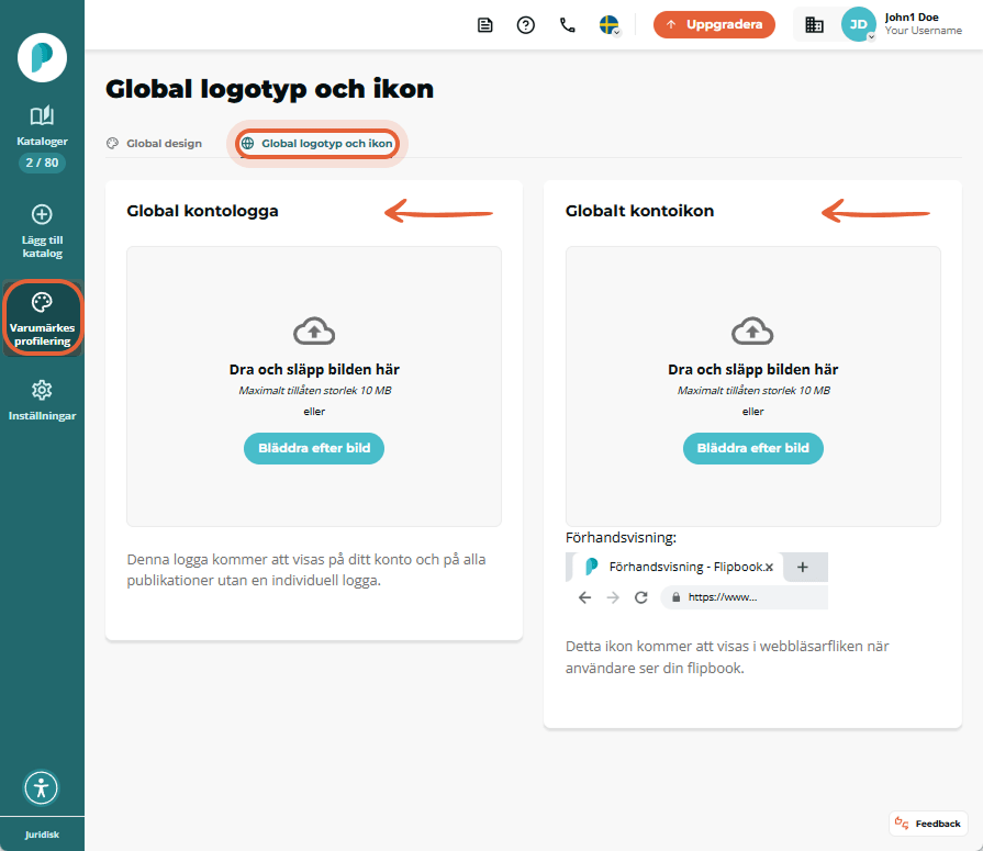 Sidan Global logotyp och ikon under branding med två uppladdningsrutor för kontologotyp och favicon 