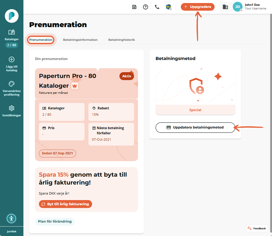 Prenumerationssidan visar plankort panel för betalningsmetod med knappen Uppdatera betalningsmetod f