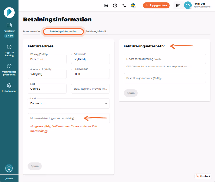 Fliken Faktureringsinformation är vald där adress och moms fält visas till vänster och faktureringsa Fliken Faktureringsinformation är vald där adress och moms fält visas till vänster och faktureringsa
