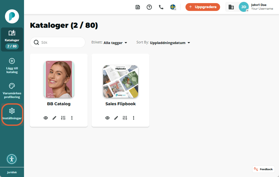 Flipbooks-panel med fliken Inställningar markerad i menyn till vänster.