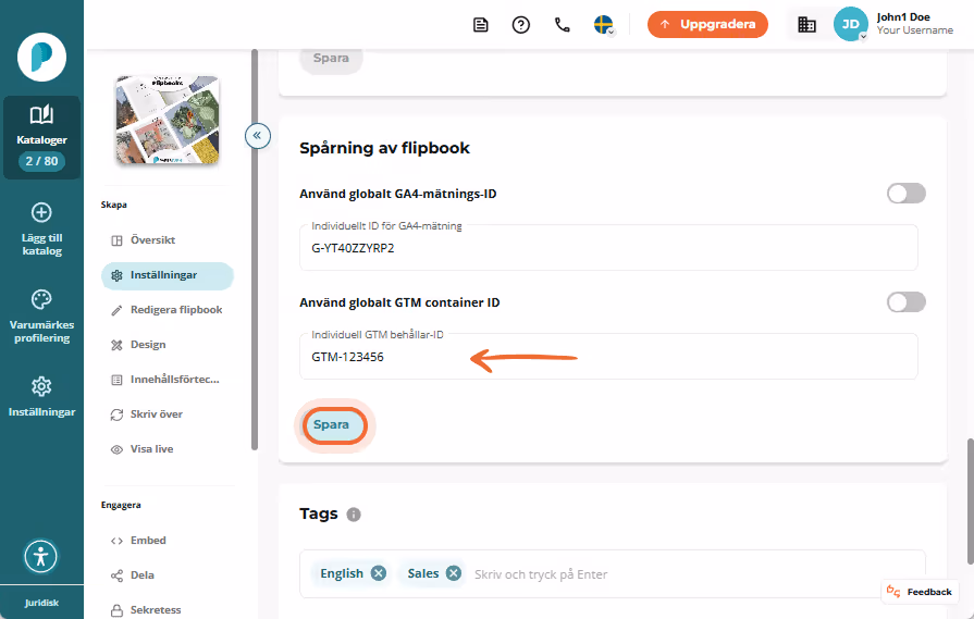 Paperturns inställningssida som visar flipbook-spårningsavsnittet med reglage och inmatningsfält för Paperturns inställningssida som visar flipbook-spårningsavsnittet med reglage och inmatningsfält för