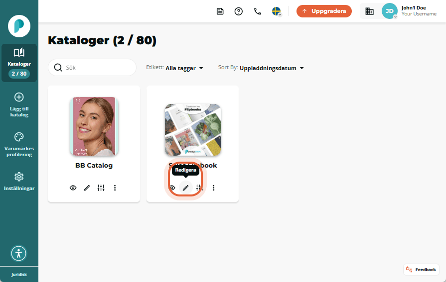 Redigeringsikon markerat under flipbook-omslaget med titeln 