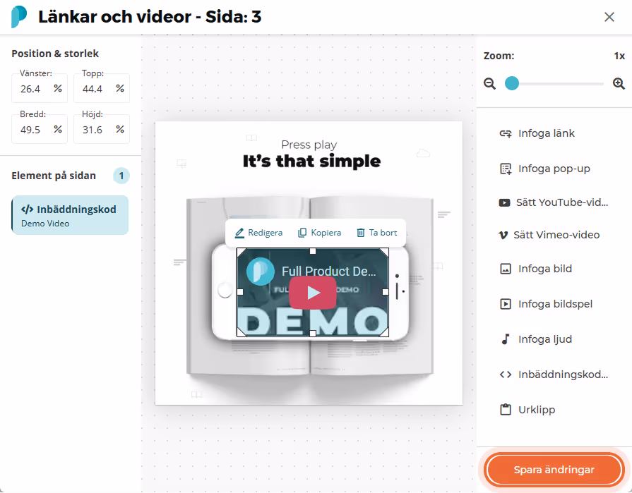 Den inbäddade videon visas nu centrerad på flipbook-sidan med en synlig uppspelningsknapp. Den inbäddade videon visas nu centrerad på flipbook-sidan med en synlig uppspelningsknapp.